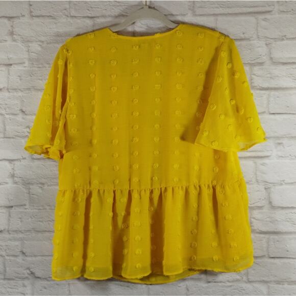 Cato Women's Yellow Swiss Dot O Ring V Neck Flutter Sleeve Flowy Blouse Top M - Picture 11 of 14